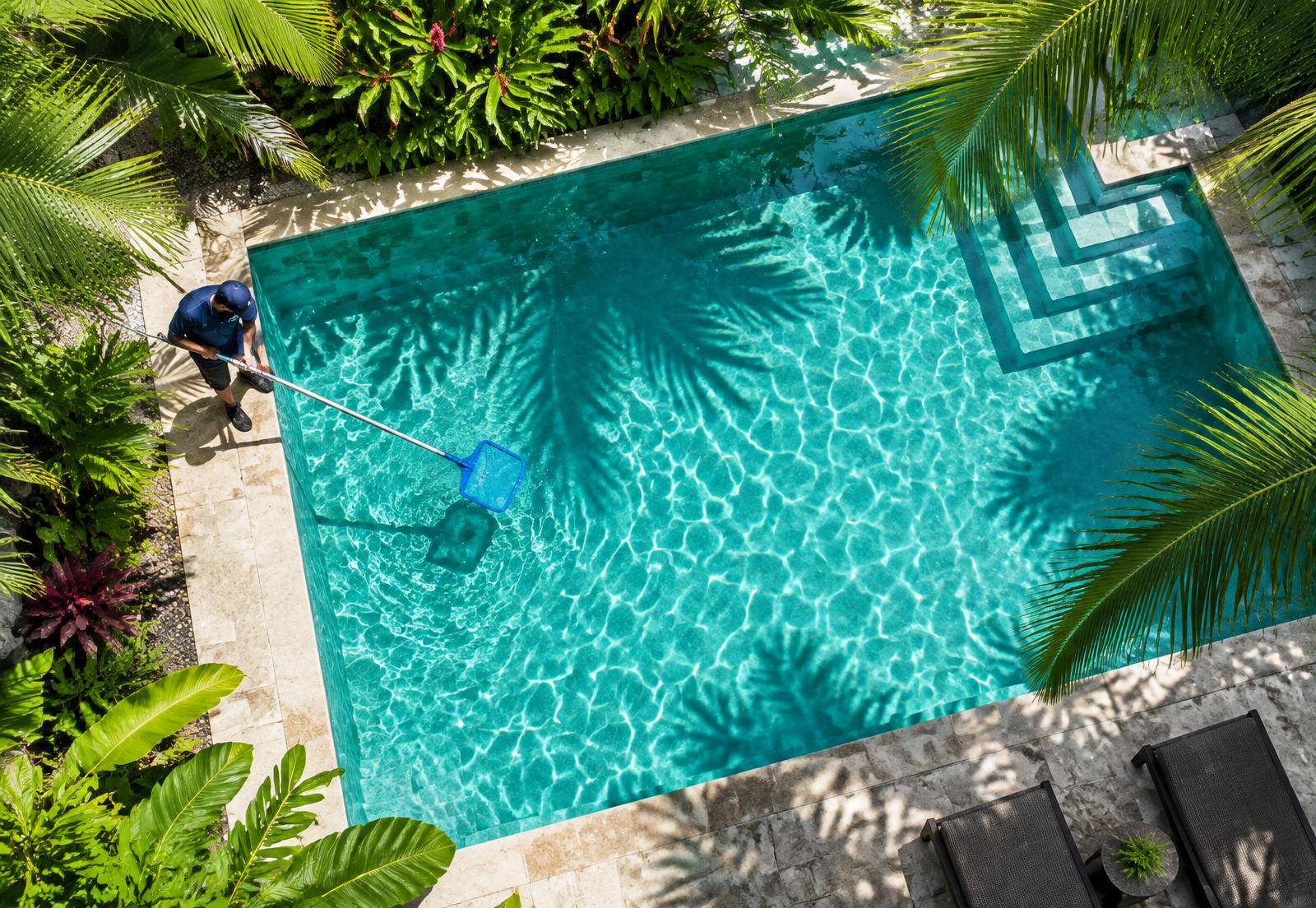 Técnico de DR POOL SERVICE limpiando una piscina rodeada de palmeras